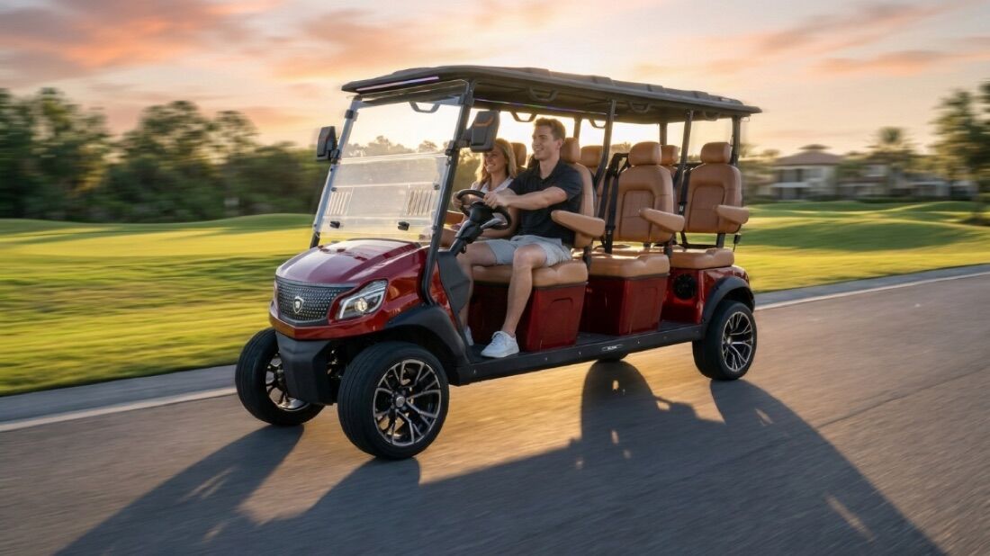 Couple enjoying a Solana EV street-legal cart on 30A
