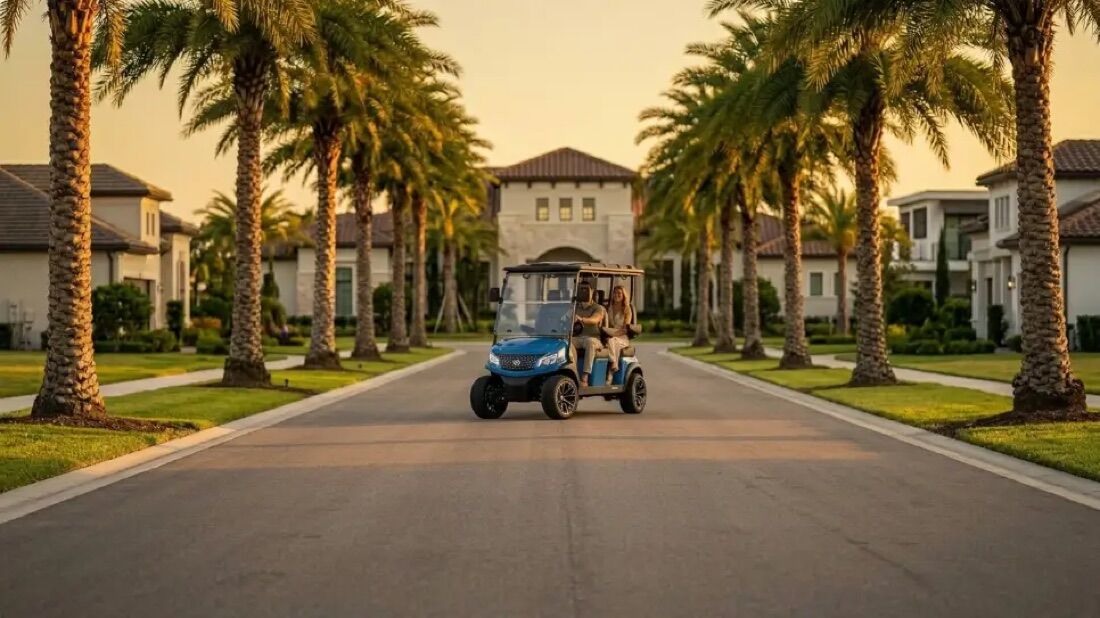 Blue Solana EV street-legal cart cruising a 30A neighborhood